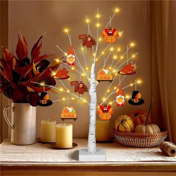 [Timer] Thanksgiving Birch Tree Lights, 24" Lighted Birch Tree with 24 PCS Fall - Picture 2 of 7